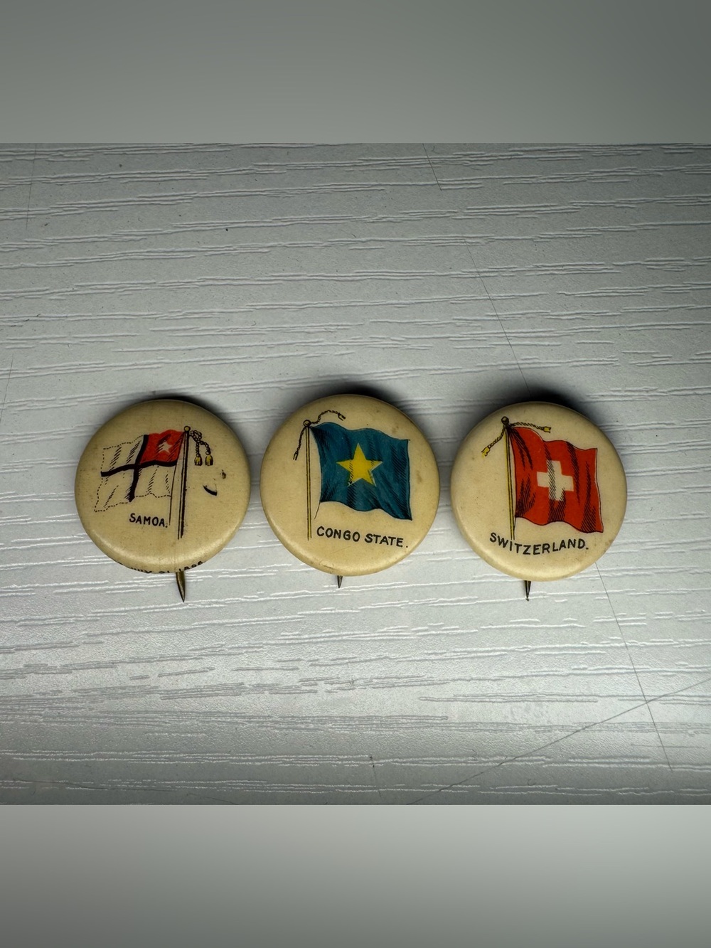Vintage 3 Sweet Caporal Cigarettes Country Flag Celluloid Pinback Buttons Pins